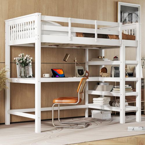 Lit Mezzanine Enfant 90x200 Avec Bureau Intégré Et Étagères, Pin Blanc