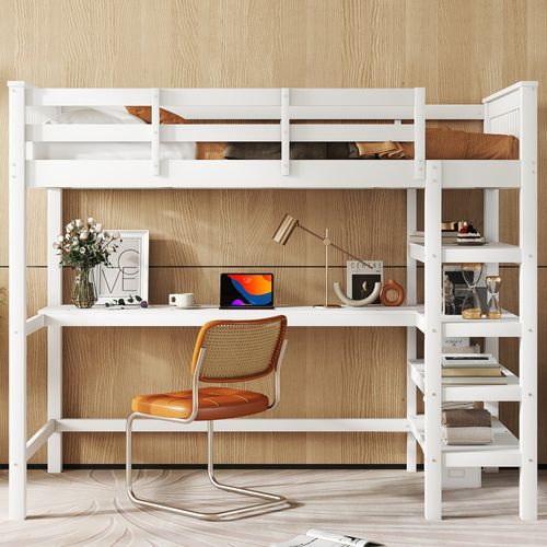 Lit Mezzanine Enfant 90x200 Avec Bureau Intégré Et Étagères, Pin Blanc