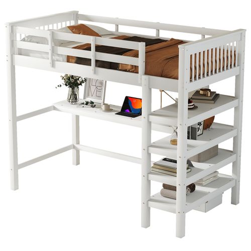 Lit Mezzanine Enfant 90x200 Avec Bureau Intégré Et Étagères, Pin Blanc