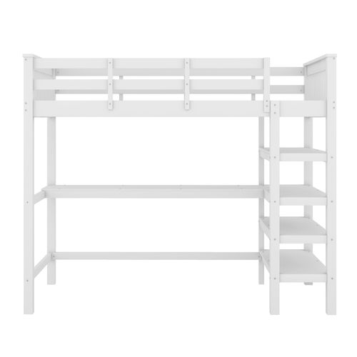 Lit Mezzanine Enfant 90x200 Avec Bureau Intégré Et Étagères, Pin Blanc