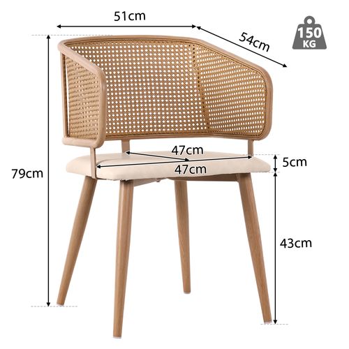 Chaise Salle À Manger 2 Pièces Dossier Rotin, Assise Simili Beige Brun, Pieds Métal Effet Bois