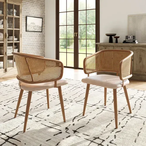Chaise Salle À Manger 2 Pièces Dossier Rotin, Assise Simili Beige Brun, Pieds Métal Effet Bois