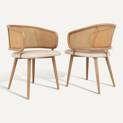Chaise Salle À Manger 2 Pièces Dossier Rotin, Assise Simili Beige Brun, Pieds Métal Effet Bois