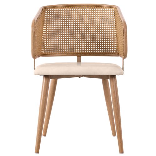 Chaise Salle À Manger 2 Pièces Dossier Rotin, Assise Simili Beige Brun, Pieds Métal Effet Bois