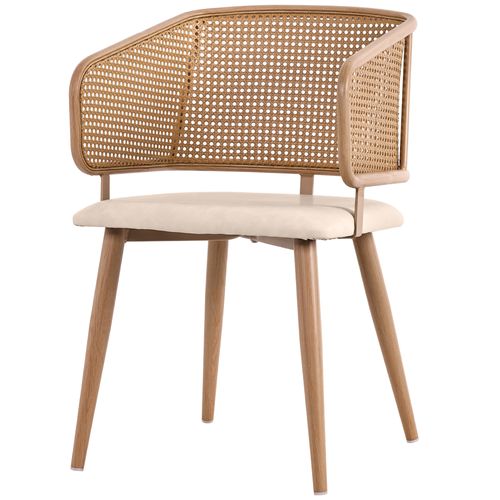 Chaise Salle À Manger 2 Pièces Dossier Rotin, Assise Simili Beige Brun, Pieds Métal Effet Bois