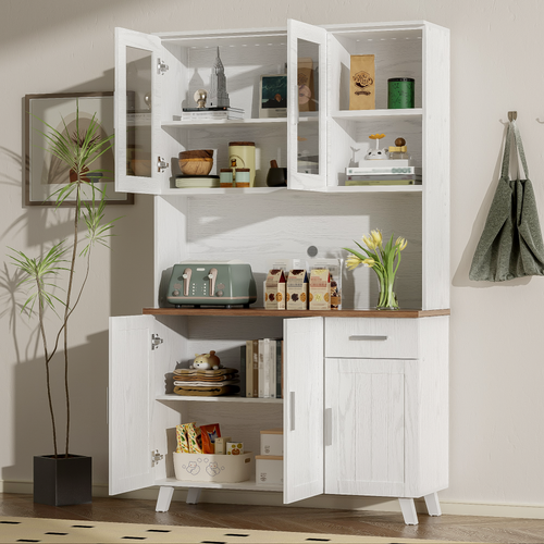 Buffet De Cuisine Haut.190 Cm Avec 5 Portes, Tiroir Et 2 Niches, Bois Blanc Et Plateau Bois Marron