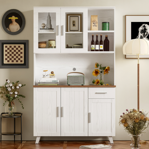 Buffet De Cuisine Haut.190 Cm Avec 5 Portes, Tiroir Et 2 Niches, Bois Blanc Et Plateau Bois Marron