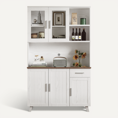 Buffet De Cuisine Haut.190 Cm Avec 5 Portes, Tiroir Et 2 Niches, Bois Blanc Et Plateau Bois Marron