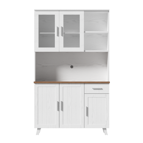 Buffet De Cuisine Haut.190 Cm Avec 5 Portes, Tiroir Et 2 Niches, Bois Blanc Et Plateau Bois Marron