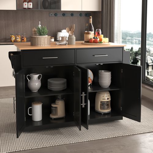 Desserte De Cuisine Noir Et Bois Naturel 120x46(70)x91 Cm, Plateau Rabattable, Sur Roulettes