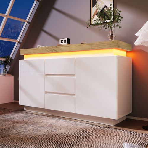 Buffet Blanc Haute Brillance Avec LED, 2 Portes Et 3 Tiroirs De Rangement, Salon Et Entrée
