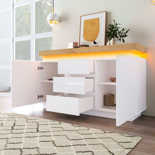 Buffet Blanc Haute Brillance Avec LED, 2 Portes Et 3 Tiroirs De Rangement, Salon Et Entrée