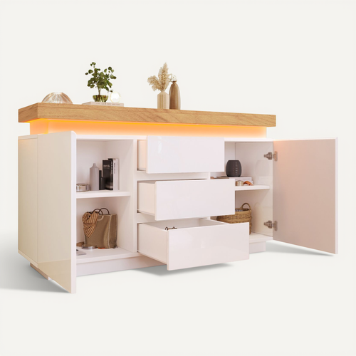 Buffet Blanc Haute Brillance Avec LED, 2 Portes Et 3 Tiroirs De Rangement, Salon Et Entrée