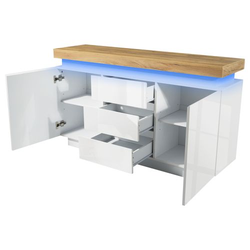 Buffet Blanc Haute Brillance Avec LED, 2 Portes Et 3 Tiroirs De Rangement, Salon Et Entrée