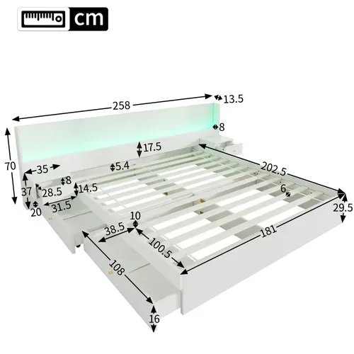 Lit Adulte LED 180x200 Cm Blanc Avec 2 Tiroirs, 2 Tables De Chevet, Ports USB