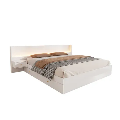 Lit Adulte LED 180x200 Cm Blanc Avec 2 Tiroirs, 2 Tables De Chevet, Ports USB