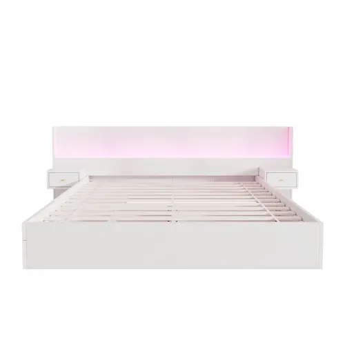 Lit Adulte LED 180x200 Cm Blanc Avec 2 Tiroirs, 2 Tables De Chevet, Ports USB