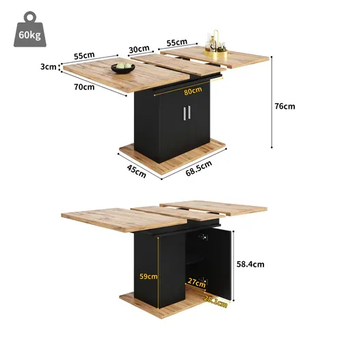 Table à Manger Extensible 110-140x70 Cm Noir Avec Rangement