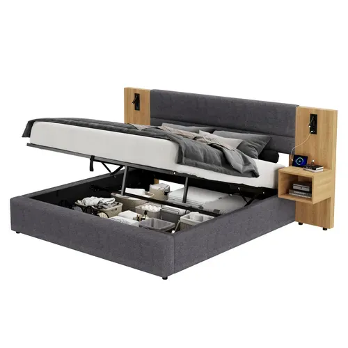Lit 180x200 Cm Avec Coffre De Rangements, Ports USB, Chevets Et Lampes LED, Velours Gris Et Bois