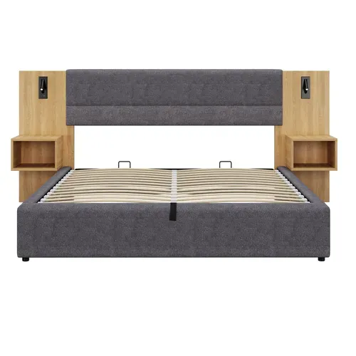 Lit 180x200 Cm Avec Coffre De Rangements, Ports USB, Chevets Et Lampes LED, Velours Gris Et Bois