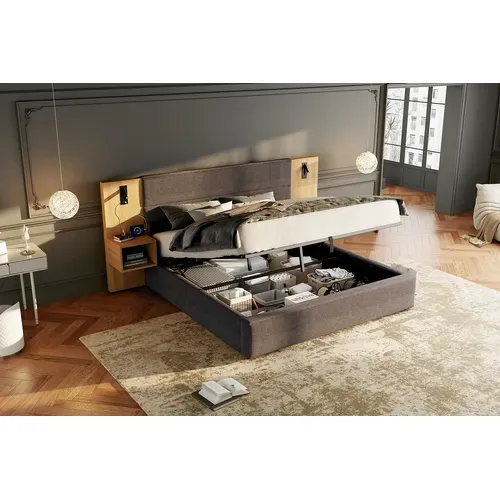 Lit Adulte Coffre 160x200 Cm Velours Gris Et Bois Naturel, 2 Chevets, Lampes LED, Ports USB/type-c