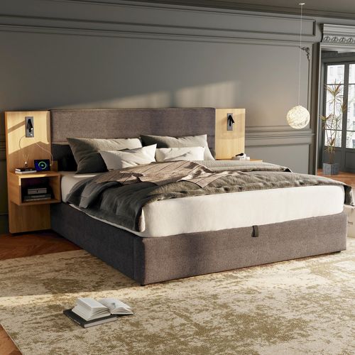 Lit Adulte Coffre 160x200 Cm Velours Gris Et Bois Naturel, 2 Chevets, Lampes LED, Ports USB/type-c