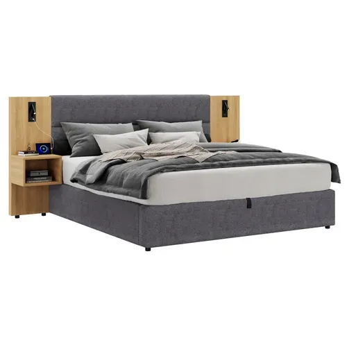 Lit Adulte Coffre 160x200 Cm Velours Gris Et Bois Naturel, 2 Chevets, Lampes LED, Ports USB/type-c