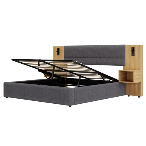 Lit Adulte Coffre 160x200 Cm Velours Gris Et Bois Naturel, 2 Chevets, Lampes LED, Ports USB/type-c