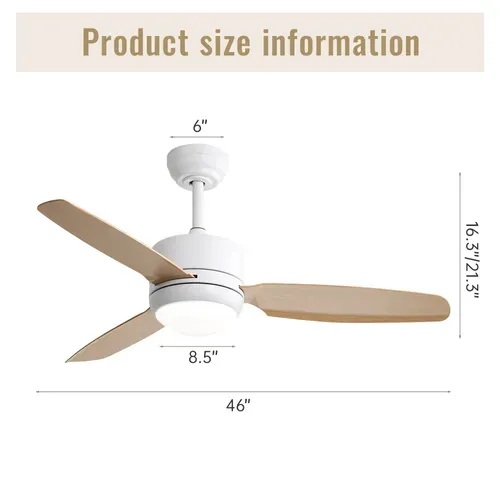 Ventilateur De Plafond 117 Cm Avec LED, Télécommande, 6 Vitesses, Abs Blanc Et Naturel