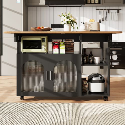 Desserte Noire Rabattable, Îlot De Cuisine à Roulettes Avec 2 Portes Vitrées Et Rangements