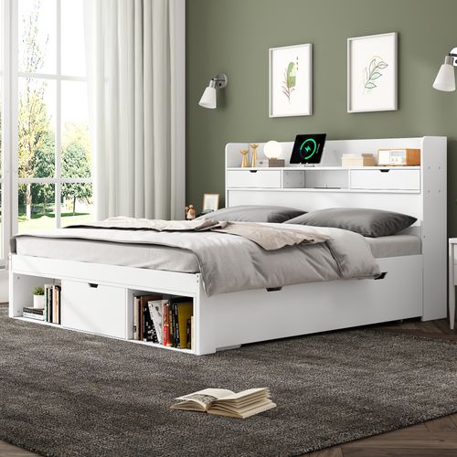 Lit Adulte 140x190 Cm Avec Ports USB/type-c Et Rangements, Pin Blanc, Sommier à Lattes