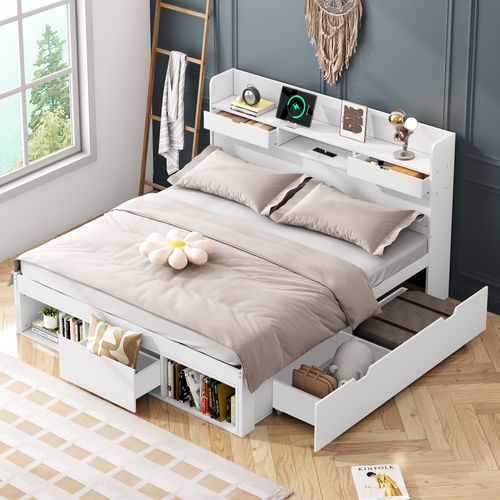 Lit Adulte 140x190 Cm Avec Ports USB/type-c Et Rangements, Pin Blanc, Sommier à Lattes