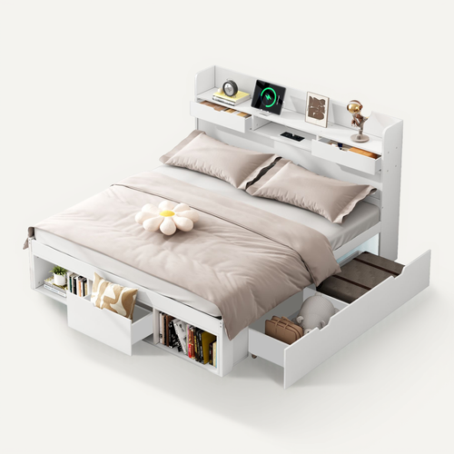 Lit Adulte 140x190 Cm Avec Ports USB/type-c Et Rangements, Pin Blanc, Sommier à Lattes