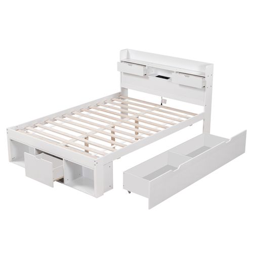 Lit Adulte 140x190 Cm Avec Ports USB/type-c Et Rangements, Pin Blanc, Sommier à Lattes