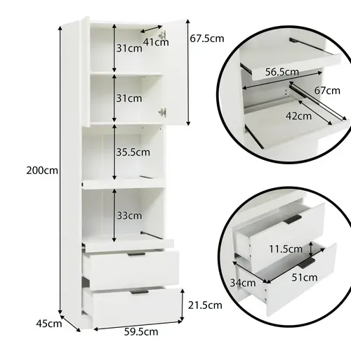 Buffet De Cuisine Haut 200 Cm Blanc Avec 2 Tiroirs Et 2 Porte, 2 Tablettes Coulissantes