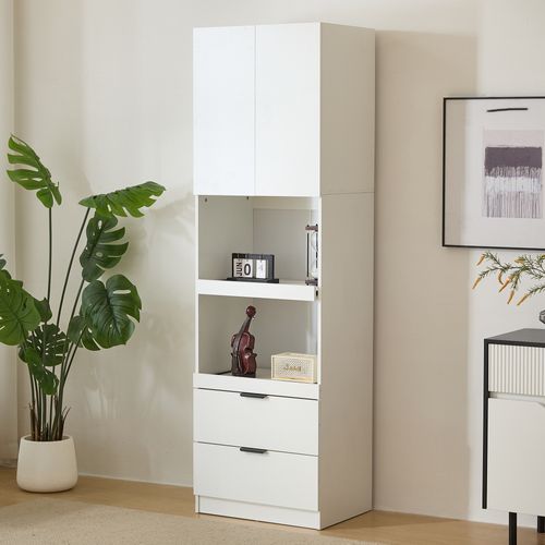 Buffet De Cuisine Haut 200 Cm Blanc Avec 2 Tiroirs Et 2 Porte, 2 Tablettes Coulissantes