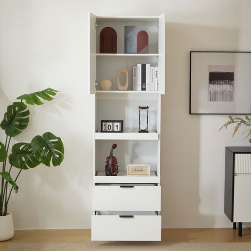 Buffet De Cuisine Haut 200 Cm Blanc Avec 2 Tiroirs Et 2 Porte, 2 Tablettes Coulissantes