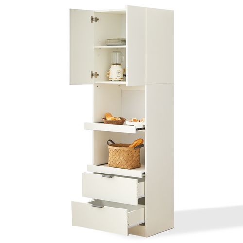 Buffet De Cuisine Haut 200 Cm Blanc Avec 2 Tiroirs Et 2 Porte, 2 Tablettes Coulissantes