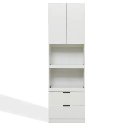 Buffet De Cuisine Haut 200 Cm Blanc Avec 2 Tiroirs Et 2 Porte, 2 Tablettes Coulissantes