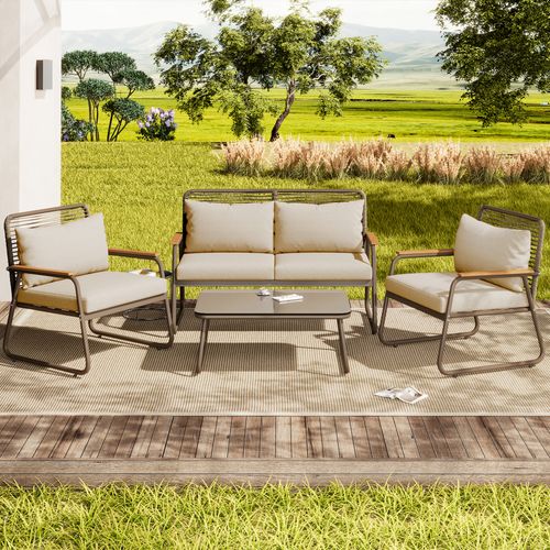 Salon De Jardin 4 Places Métal Beige Avec Coussins, Table 80x50 Cm Verre Trempé
