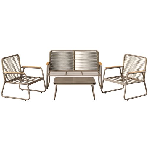 Salon De Jardin 4 Places Métal Beige Avec Coussins, Table 80x50 Cm Verre Trempé