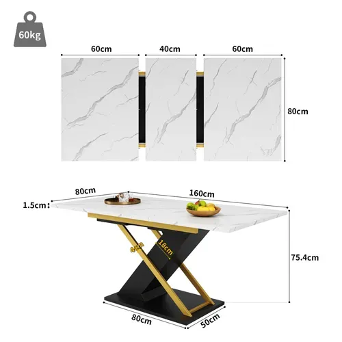 Table à Manger Extensible 120-160 Cm, Plateau Effet Marbre, Pieds Métal Doré Et Noir