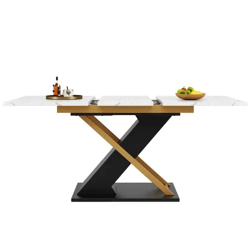 Table à Manger Extensible 120-160 Cm, Plateau Effet Marbre, Pieds Métal Doré Et Noir