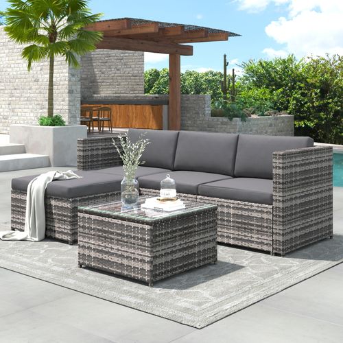 Salon De Jardin D’angle 3 à 4 Places En Rotin Gris Avec Coussins Et Table En Verre 196x136 Cm