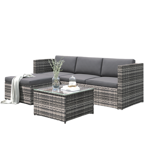 Salon De Jardin D’angle 3 à 4 Places En Rotin Gris Avec Coussins Et Table En Verre 196x136 Cm