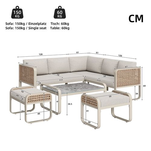 Salon De Jardin En Métal Et Rotin Beige Avec Canapés 6 à 7 Places Et Table, Ensemble Extérieur