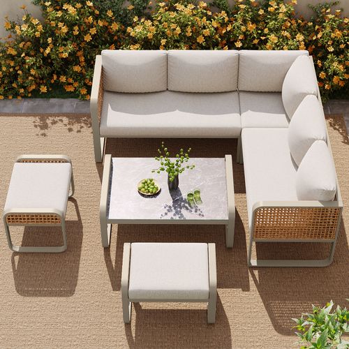 Salon De Jardin En Métal Et Rotin Beige Avec Canapés 6 à 7 Places Et Table, Ensemble Extérieur