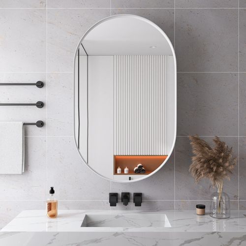 Miroir Avec Armoire De Rangemenr Salle De Bain, Cadre Métal Blanc, Étagères Réglables