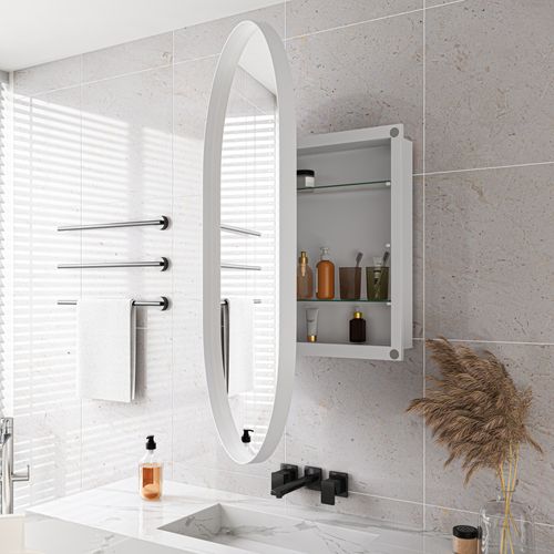 Miroir Avec Armoire De Rangemenr Salle De Bain, Cadre Métal Blanc, Étagères Réglables