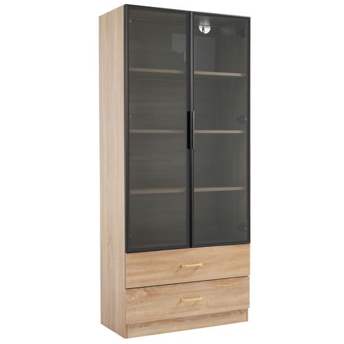 Vitrine Couleur Bois Naturel 170 Cm LED Avec 2 Grands Tiroirs, 2 Portes En Verre Trempé